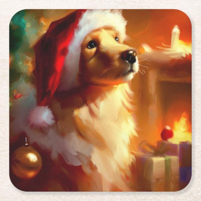 Porta-copo De Papel Quadrado Cão de Natal 1 (Frente)