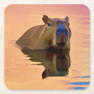 Porta-copo De Papel Quadrado Capybara Emergente de Arte Tranquil em Lago