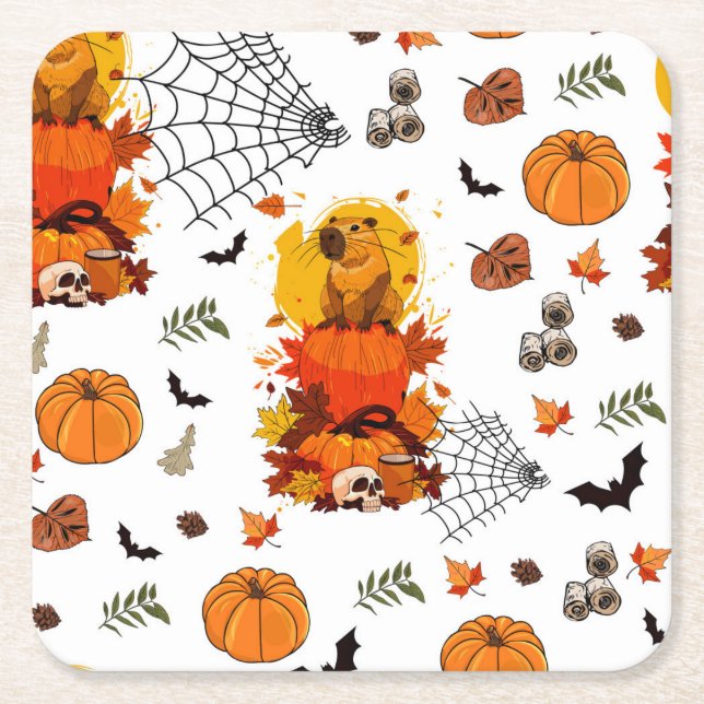 Porta-copo De Papel Quadrado Capybara Halloween. Bruxa Pumpkin. (Frente)
