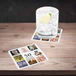 Porta-copo De Papel Quadrado cara de 50ª festa de aniversário<br><div class="desc">Uma porta copos para uma 50ª festa de aniversário para uma cara,  celebrando sua vida com uma colagem de 8 fotos suas. Modelos para os 50 anos e uma data. Data de nascimento ou data da festa. Letras pretas coloridas. Fundo branco.</div>