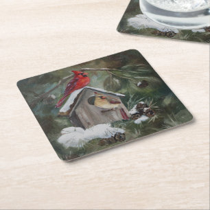 Porta-copo De Papel Quadrado Cardeais no Birdhouse nevado