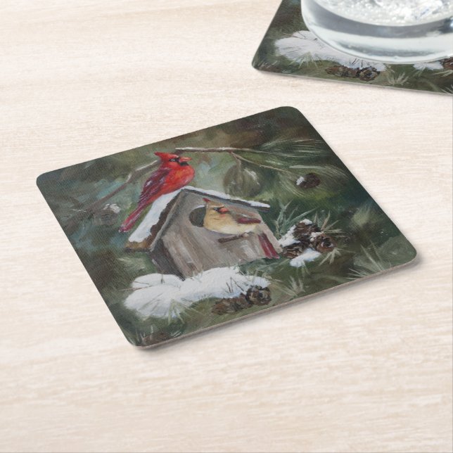 Porta-copo De Papel Quadrado Cardeais no Birdhouse nevado (Inclinado)