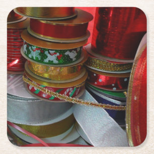 Porta-copo De Papel Quadrado Carretéis de Fita de Natal Vermelha e Dourada