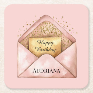 Porta-copo De Papel Quadrado Cartão Brilho Dourado Envelope Rosa Rubor Aniversá