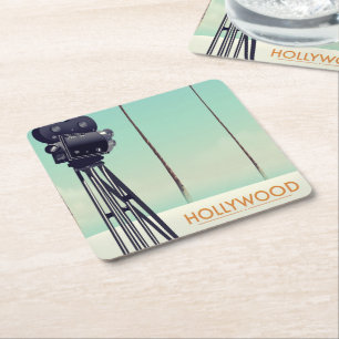 Porta-copo De Papel Quadrado cartaz de viagem câmera vintage de Hollywood