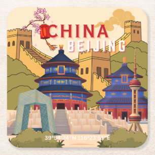 Porta-copo De Papel Quadrado Cartaz de Viagem de Pequim China Arte de Parede