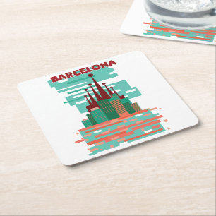 Porta-copo De Papel Quadrado Cartaz de viagem retrô de Barcelona