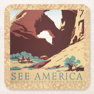 Porta-copo De Papel Quadrado Cartaz Retro Veja a América Western Cowboys Desert