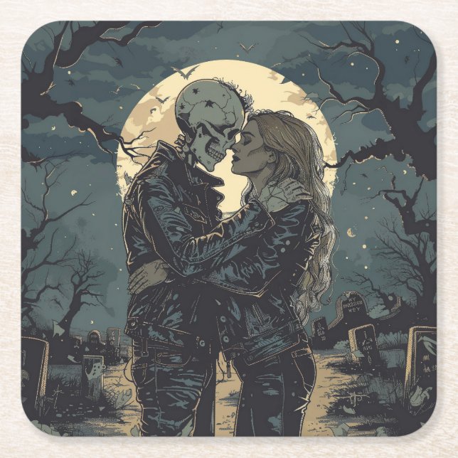 Porta-copo De Papel Quadrado Cartoon gótico romântico de esqueleto e mulher (Frente)