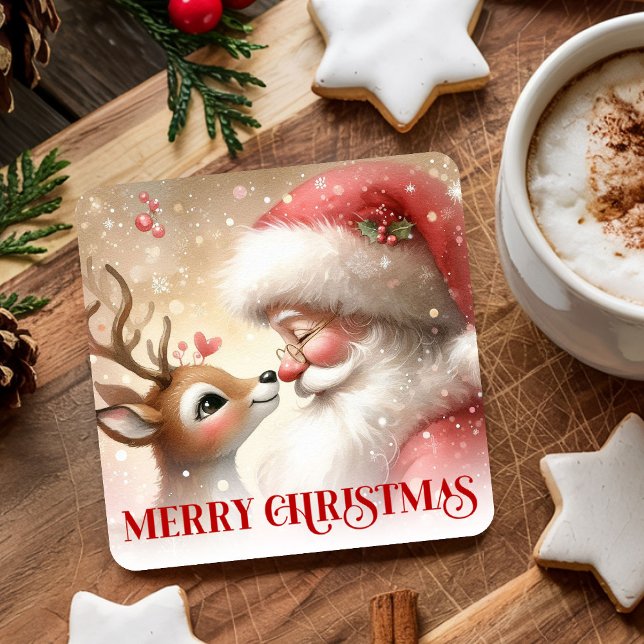 Porta-copo De Papel Quadrado Cartoon Style Santa and Rudolph Holiday Coasters (Cartoon Style Santa and Rudolph Holiday Coasters)