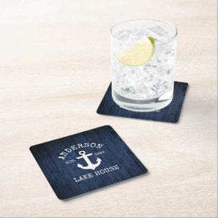 Porta-copo De Papel Quadrado Casa da Família Azul Faux Anchor Náutico