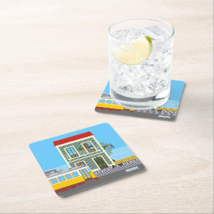 Porta-copo De Papel Quadrado Casa velha de Lisboa com gatos e elétrico amarelo