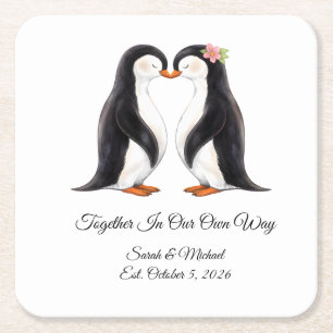 Porta-copo De Papel Quadrado Casal de Pinguins de Casamento Personalizado