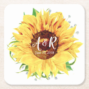 Porta-copo De Papel Quadrado Casamento amarelo do monograma do girassol