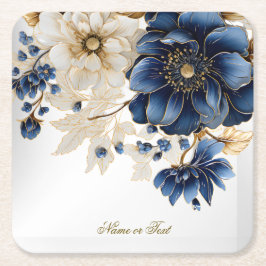Porta-copo De Papel Quadrado Casamento Azul Marinho Branco Floral Dourado Prata