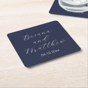 Porta-copo De Papel Quadrado Casamento Azul Marinho Caligrafia Roteiro Minimali