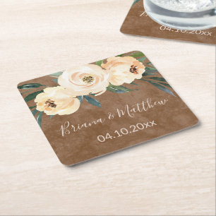 Porta-copo De Papel Quadrado Casamento Bege Floral Marrom