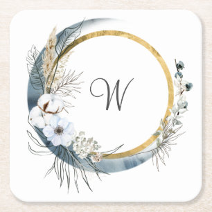 Porta-copo De Papel Quadrado Casamento Boho Monograma Floral Dourado Branco Azu