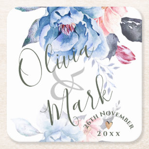 Porta-copo De Papel Quadrado Casamento Bonito de Script Floral Azul-Cura-d'Águ