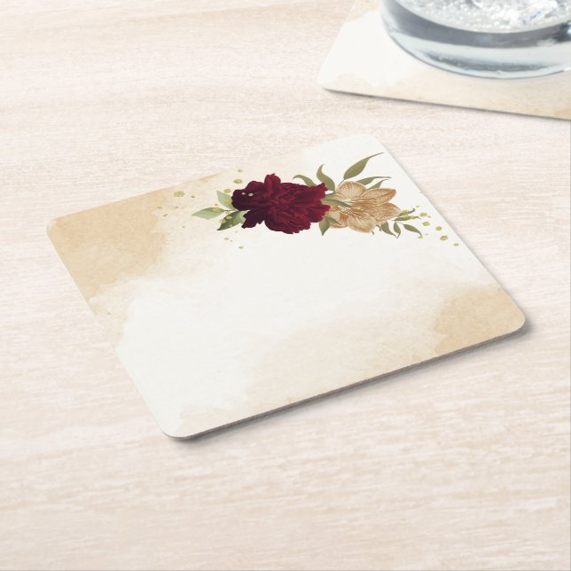 Porta-copo De Papel Quadrado Casamento botânico de ouro verde-branco Maroon (Inclinado)