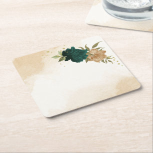 Porta-copo De Papel Quadrado Casamento botânico de ouro verde-esmeralda