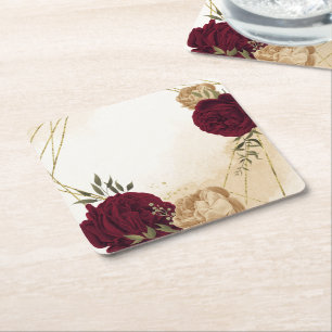 Porta-copo De Papel Quadrado Casamento botânico dourado bege verde grená