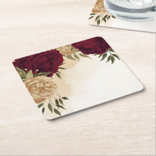 Porta-copo De Papel Quadrado Casamento botânico dourado bege verde grená