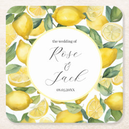 Porta-copo De Papel Quadrado Casamento Branco com Lemon, Watercolor