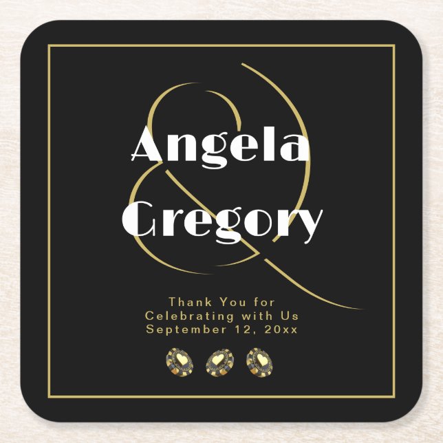 Porta-copo De Papel Quadrado Casamento Branco Dourado de Las Vegas Casino (Frente)