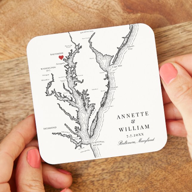 Porta-copo De Papel Quadrado Casamento Branco Elegante de Baltimore Maryland (Personalized Baltimore MD Map Drink Coasters for an elegant black and white Maryland wedding)