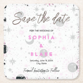 Porta-copo De Papel Quadrado Casamento Celestial Preto e Rosa Salvar a Data