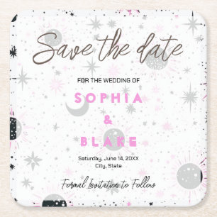 Porta-copo De Papel Quadrado Casamento Celestial Preto e Rosa Salvar a Data