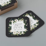 Porta-copo De Papel Quadrado Casamento "Cheers to Love" com a autoria de White<br><div class="desc">A nossa coleção de casamentos florais de coloração aquosa de White Peony apresenta uma coloração aquosa delicadamente pintada, folhagem botânica verde e flores de pénia branca e marfim. "Saúde ao amor" aparece em letras clássicas com acentos de escrita caligráfica. Personalize esses guardanapos com suas iniciais e data de casamento, ou...</div>