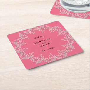 Porta-copo De Papel Quadrado Casamento Chic Pearls e Floral Rosa