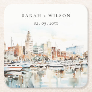 Porta-copo De Papel Quadrado Casamento Chic Tampa Florida Skyline Watercolor