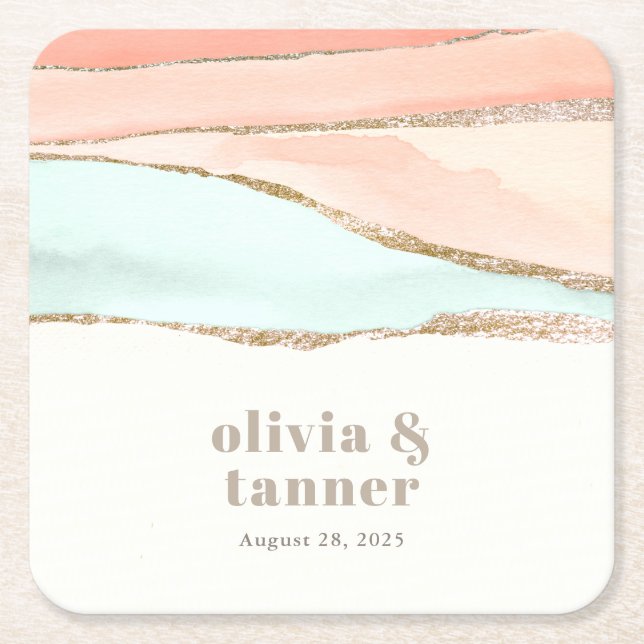 Porta-copo De Papel Quadrado Casamento com Abstrato de Aquarela Artística Coste (Frente)