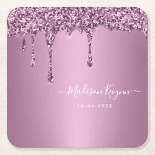 Porta-copo De Papel Quadrado Casamento com Brilho Rosa Empoeirado