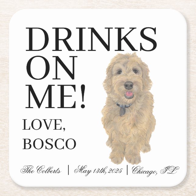 Porta-copo De Papel Quadrado Casamento com Cachorro ouro (Frente)