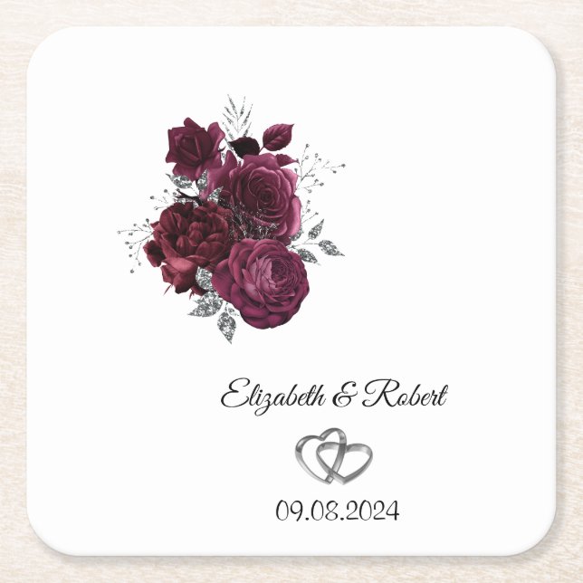 Porta-copo De Papel Quadrado Casamento com Flores Burgundy (Frente)