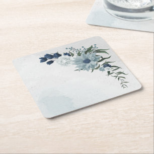 Porta-copo De Papel Quadrado casamento com flores e folhagens brancas e azuis