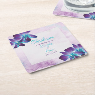 Porta-copo De Papel Quadrado Casamento com Orquídea de Dendrobium Azul Roxo-Tur