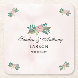 Porta-copo De Papel Quadrado Casamento com Rosa de Blush Elegante Geométrico