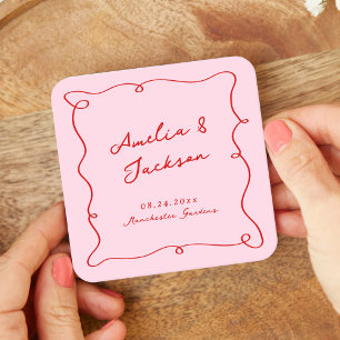 Porta-copo De Papel Quadrado Casamento Cor-de-Rosa e Vermelho Desenhado à Mão C