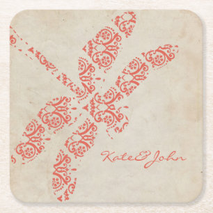 Porta-copo De Papel Quadrado Casamento Coral Damask Dragonfly