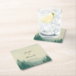 Porta-copo De Papel Quadrado Casamento da floresta de pinheiros de aquarela rus