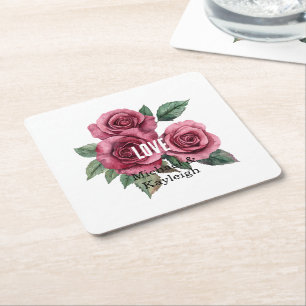 Porta-copo De Papel Quadrado Casamento de Amor Floral de Rosas vermelhas Branca