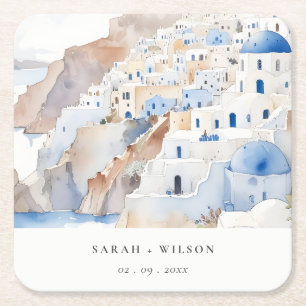 Porta-copo De Papel Quadrado Casamento de Aquarela com Grécia Chic Santorini