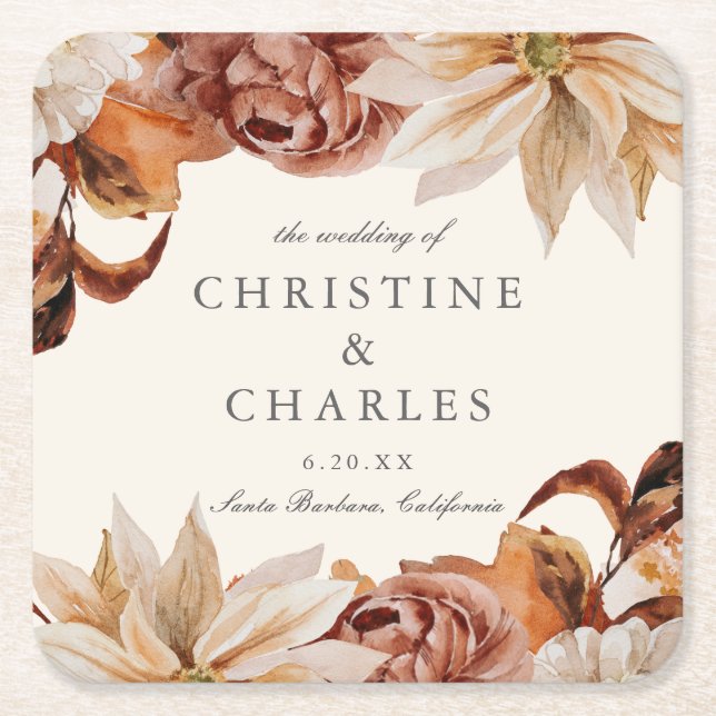 Porta-copo De Papel Quadrado Casamento de Aquarela de outono Elegante (Frente)
