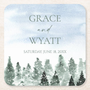 Porta-copo De Papel Quadrado Casamento de Árvores de Pinheiro Verdes na Neve de
