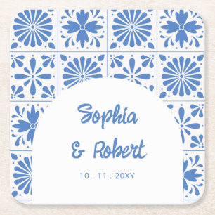 Porta-copo De Papel Quadrado Casamento de Azulejos de Talavera Azul Mexicano